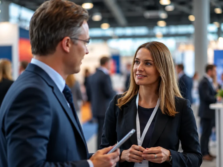 Two executives talking at a B2B trade event